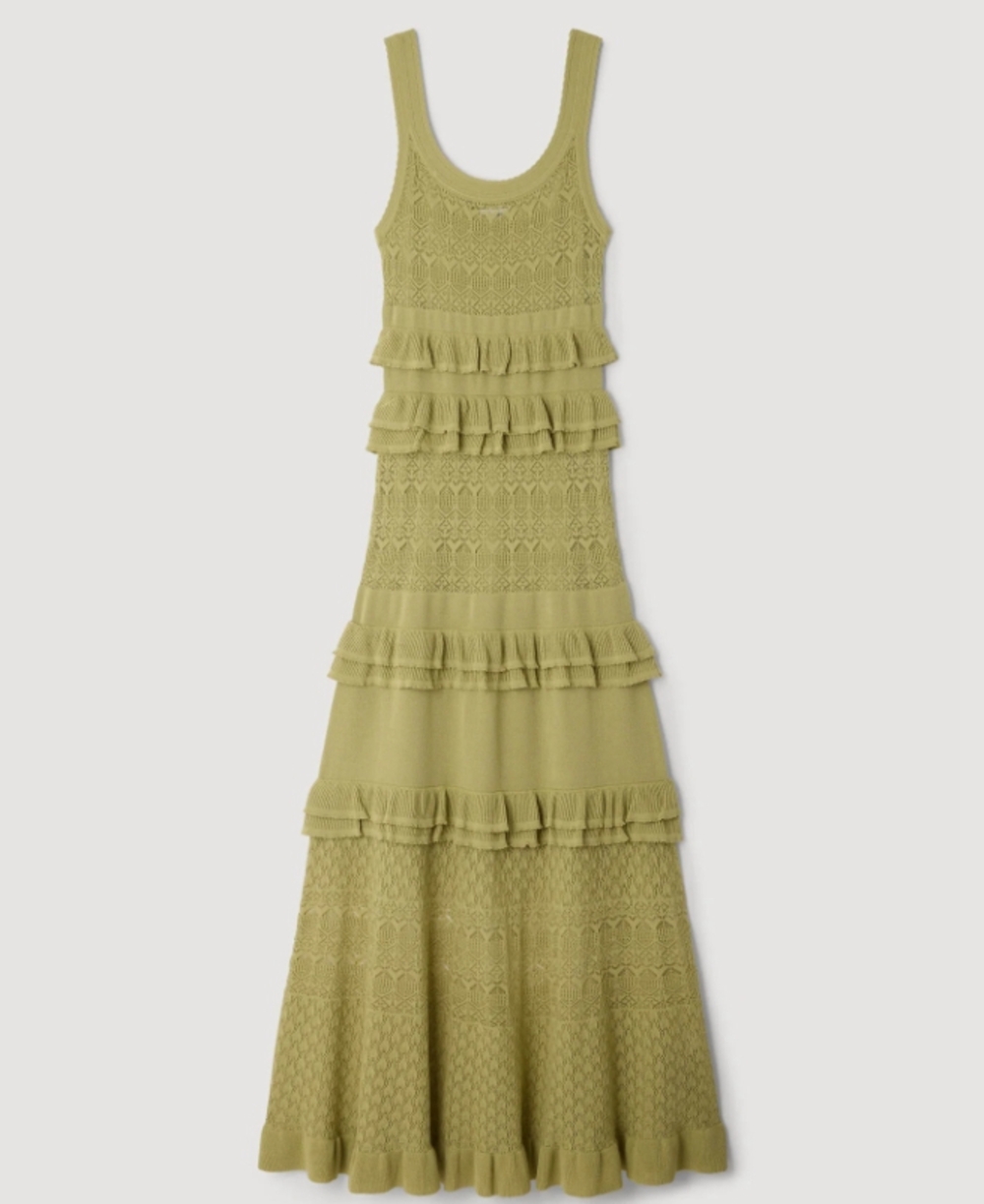 🟢Sandro Olive Green Tiered Ruffle Knit Midi Dress Sleeveless Lace - Picture 8 of 12